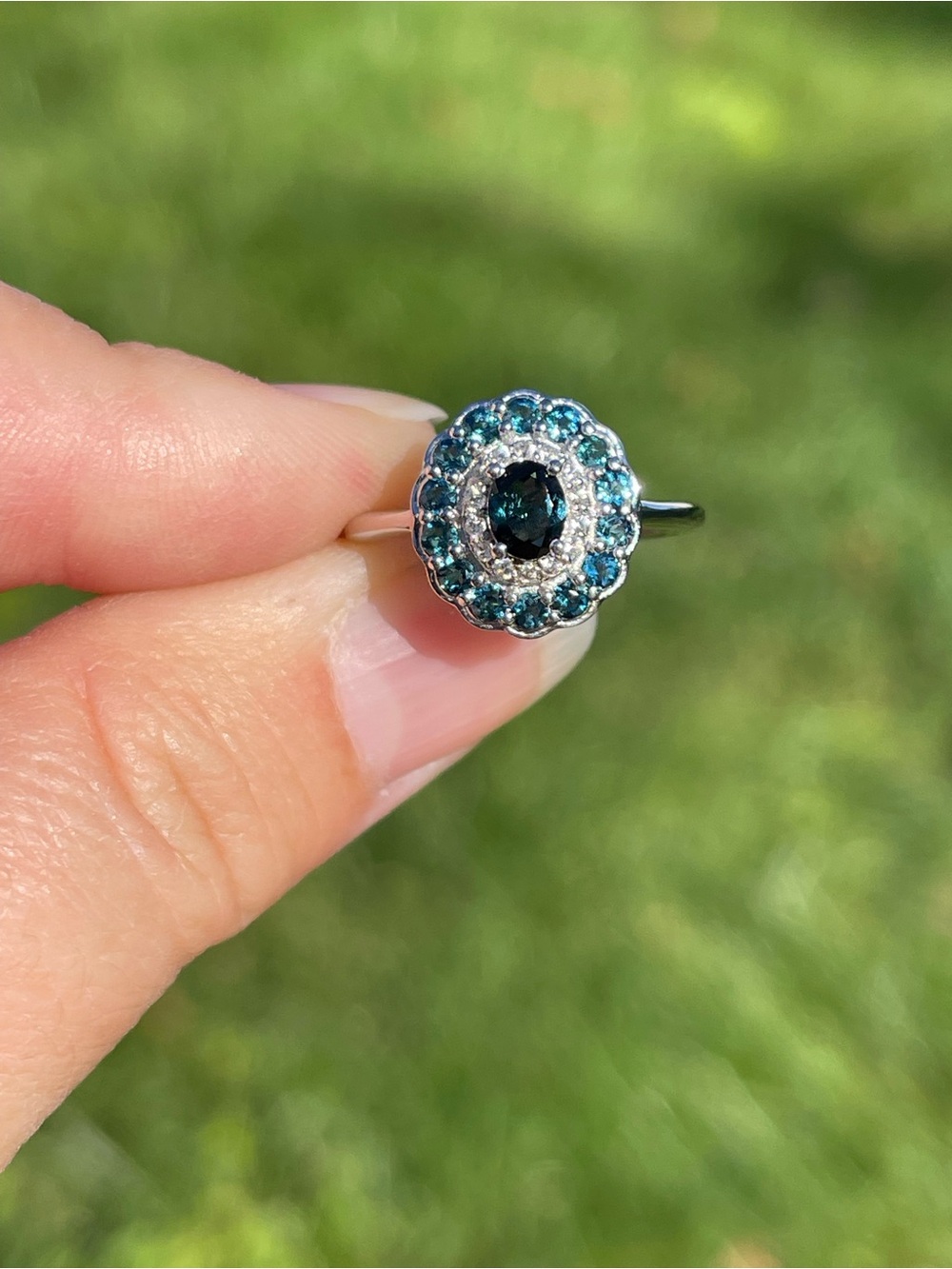 Indicolite and White Zircon Halo Ring